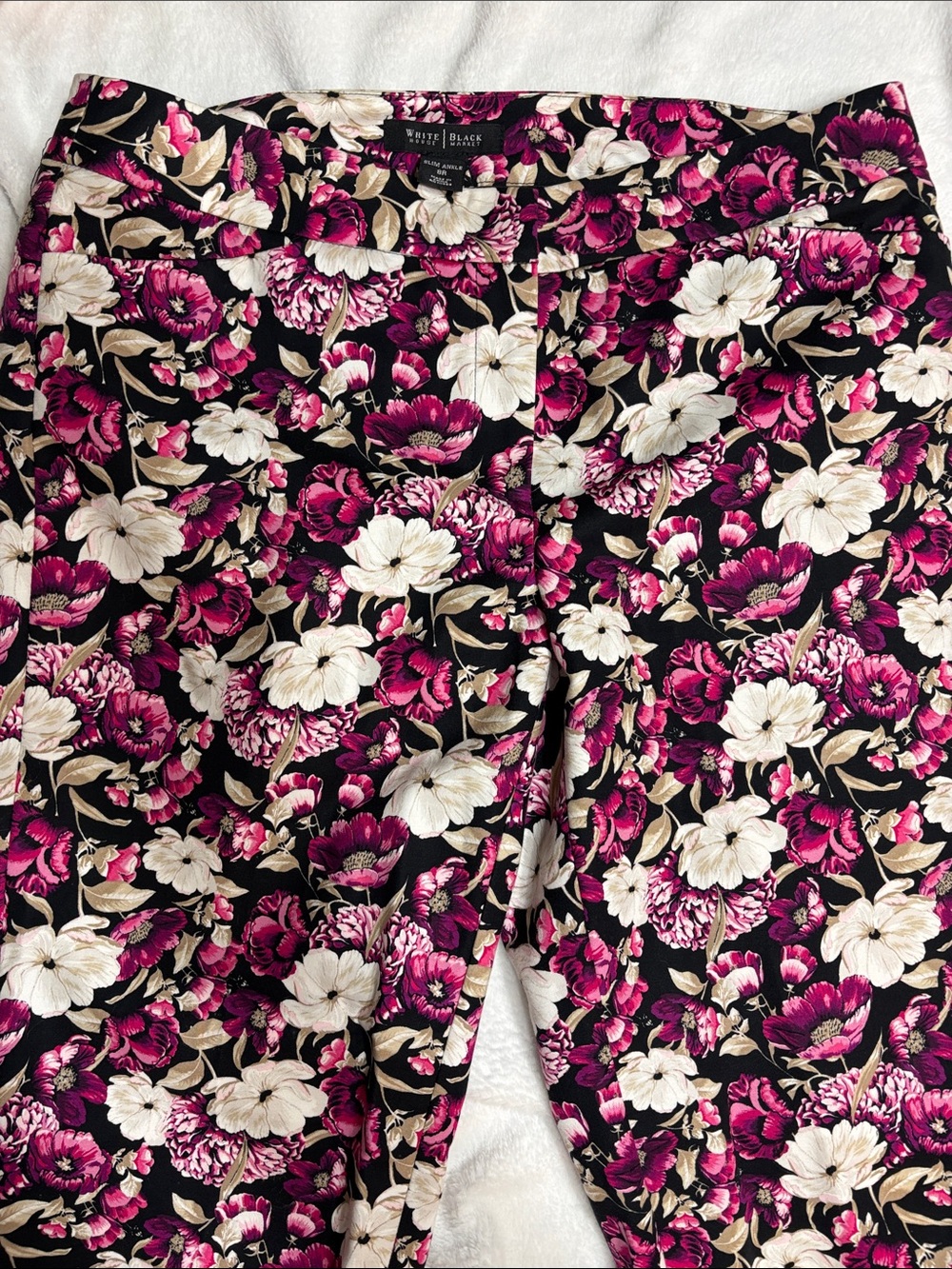 White House Black Market Black Floral Ponte Pants with Fuchsia & Cream